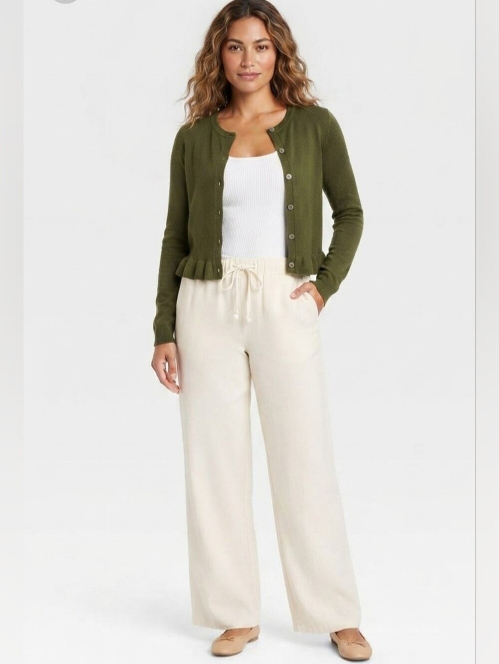 A New Day Womens L Cream Effortless Wide Leg Pull On Pants Pockets Minimalist